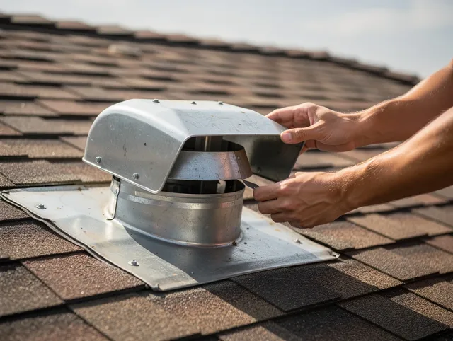Lake Elsinore Dryer Vent Cleaning certified technician safely cleaning a roof-mounted dryer vent in Lake Elsinore