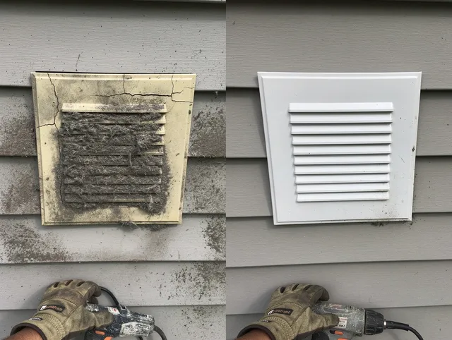 Lake Elsinore Dryer Vent Cleaning technician installing high-quality dryer vent cover at a residential property in Lake Elsinore