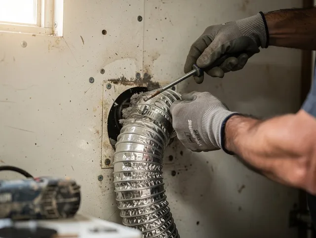 Lake Elsinore Dryer Vent Cleaning technician performing precise dryer vent hose installation in Lake Elsinore